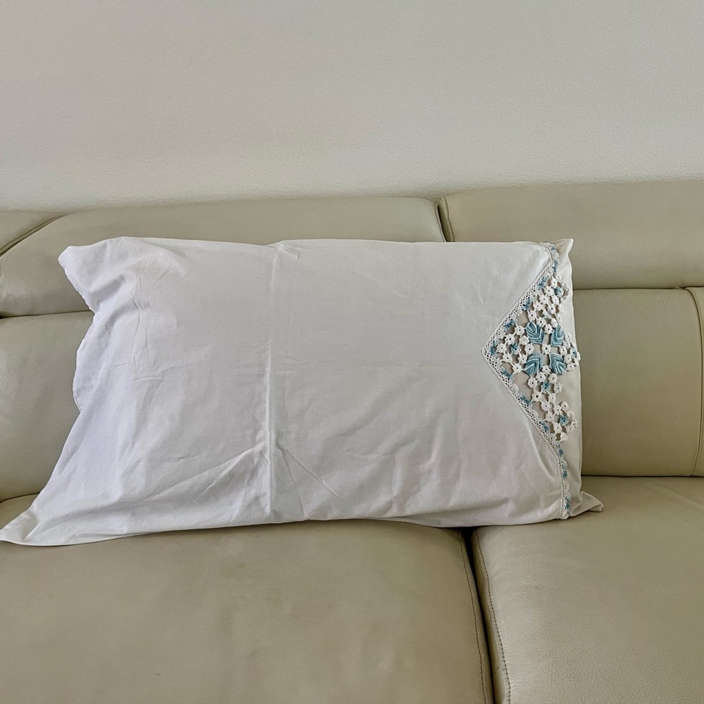 Elegant White Pillowcase with Blue Embroidery 19/31 inches